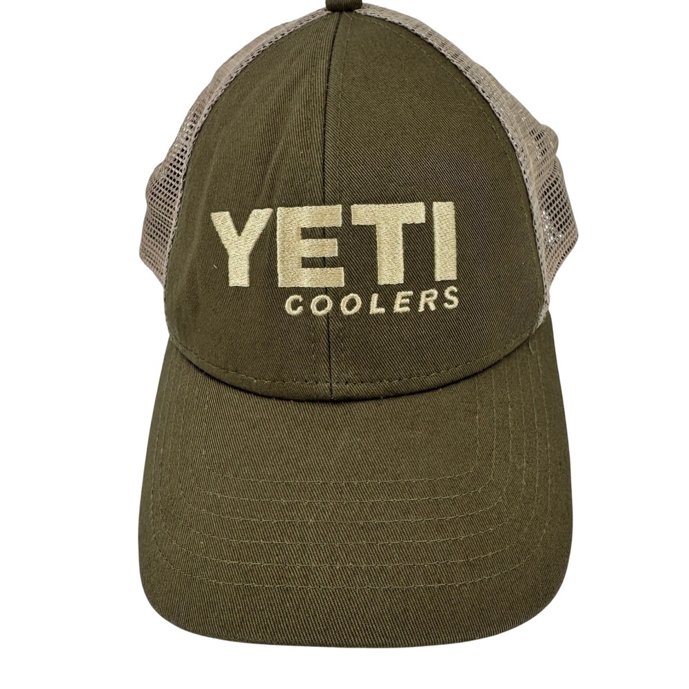 YETI Trucker Hat Men Adjustable Olive Green Tan Mesh Snapback Logo Cap Outdoors